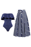 Navy Off The Shoulder 2 Piece Striped Swimsuit with Cover Up