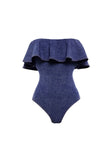 Navy Off The Shoulder 2 Piece Striped Swimsuit with Cover Up
