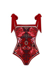 2 Piece Spaghetti Straps Black Red Floral Swimsuit with Cover Up