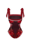 2 Piece Spaghetti Straps Black Red Floral Swimsuit with Cover Up