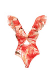 Orange Ruffled 2 Piece V-Neck Swimsuit with Beach Dress
