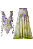 Green Floral 2 Piece V-Neck Ruffled Swimsuit with Beach Dress
