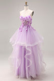 Lilac Sweetheart Princess Lace Up Back 3D Flowers Long Prom Dress with Organza