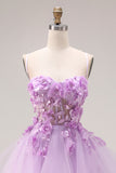 Lilac Sweetheart Princess Lace Up Back 3D Flowers Long Prom Dress with Organza