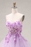 Lilac Sweetheart Princess Lace Up Back 3D Flowers Long Prom Dress with Organza