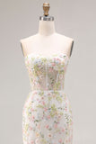 White Flower Strapless Mermaid Corset Long Prom Dress with Slit