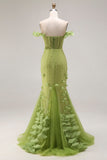 Off the Shoulder Beaded Green Mermaid Long Prom Dress with Ruffles