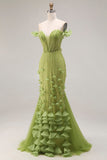 Off the Shoulder Beaded Green Mermaid Long Prom Dress with Ruffles