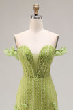 Off the Shoulder Beaded Green Mermaid Long Prom Dress with Ruffles