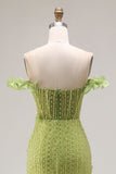 Off the Shoulder Beaded Green Mermaid Long Prom Dress with Ruffles