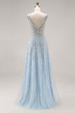 Sparkly Light Blue A-Line Beaded Long Prom Dress with Sequins