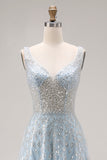 Sparkly Light Blue A-Line Beaded Long Prom Dress with Sequins