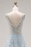 Sparkly Light Blue A-Line Beaded Long Prom Dress with Sequins