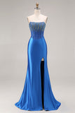 Royal Blue Strapless Mermaid Beaded Corset Long Prom Dress with Slit