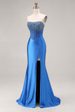 Royal Blue Strapless Mermaid Beaded Corset Long Prom Dress with Slit