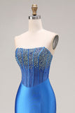 Royal Blue Strapless Mermaid Beaded Corset Long Prom Dress with Slit