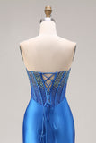 Royal Blue Strapless Mermaid Beaded Corset Long Prom Dress with Slit