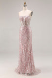 Sparkly Light Pink Strapless Sheath Long Prom Dress with Sequins
