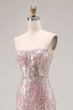 Sparkly Light Pink Strapless Sheath Long Prom Dress with Sequins
