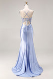 Dusty Blue Mermaid Beaded Satin Corset Long Prom Dress with Slit