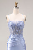 Dusty Blue Mermaid Beaded Satin Corset Long Prom Dress with Slit