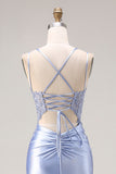 Dusty Blue Mermaid Beaded Satin Corset Long Prom Dress with Slit