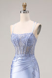 Dusty Blue Mermaid Beaded Satin Corset Long Prom Dress with Slit