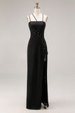 Black Sheath Satin Spaghetti Straps Long Formal Dress with Slit