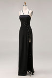 Black Sheath Satin Spaghetti Straps Long Formal Dress with Slit