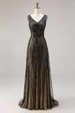 Sparkly Black Sheath V-Neck Beaded Long Prom Dress with Sequins