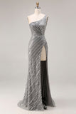 Sparkly Silver One Shoulder Mermaid Sequin Long Prom Dress with Slit