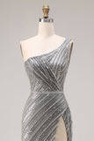Sparkly Silver One Shoulder Mermaid Sequin Long Prom Dress with Slit