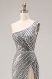 Sparkly Silver One Shoulder Mermaid Sequin Long Prom Dress with Slit