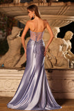 Mermaid Strapless Lilac Corset Beaded Long Prom Dress with Slit