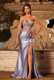 Mermaid Strapless Lilac Corset Beaded Long Prom Dress with Slit