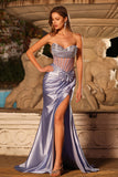Mermaid Strapless Lilac Corset Beaded Long Prom Dress with Slit