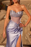 Mermaid Strapless Lilac Corset Beaded Long Prom Dress with Slit