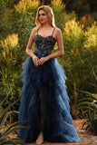Navy Spaghetti Straps A Line Tiered Long Tulle Prom Dress with Slit