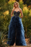 Navy Spaghetti Straps A Line Tiered Long Tulle Prom Dress with Slit