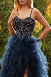 Navy Spaghetti Straps A Line Tiered Long Tulle Prom Dress with Slit