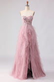 Pink Strapless A-Line Ruffled Beaded Long Prom Dress with Slit
