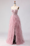 Pink Strapless A-Line Ruffled Beaded Long Prom Dress with Slit