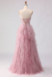 Pink Strapless A-Line Ruffled Beaded Long Prom Dress with Slit