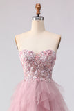 Pink Strapless A-Line Ruffled Beaded Long Prom Dress with Slit