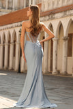Dusty Blue Strapless Mermaid Corset Satin Long Prom Dress with Beading