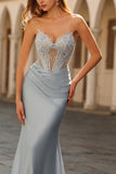 Dusty Blue Strapless Mermaid Corset Satin Long Prom Dress with Beading