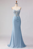 Strapless Mermaid Sky Blue Corset Beaded Long Prom Dress with Sequins