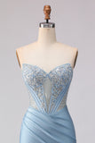 Strapless Mermaid Sky Blue Corset Beaded Long Prom Dress with Sequins