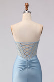 Strapless Mermaid Sky Blue Corset Beaded Long Prom Dress with Sequins