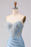 Strapless Mermaid Sky Blue Corset Beaded Long Prom Dress with Sequins